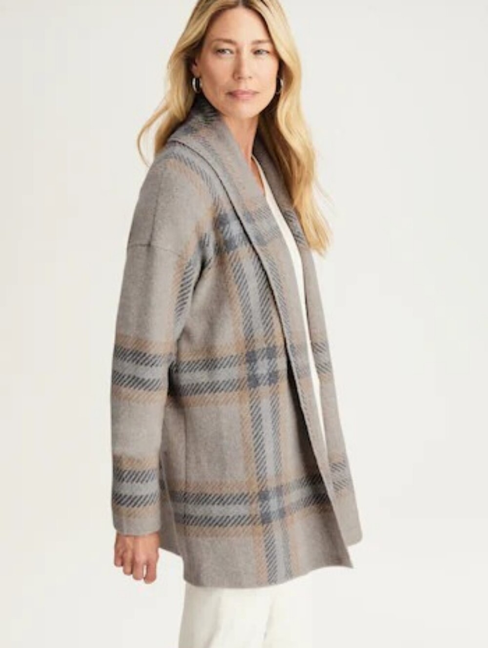 J.Jill Plaid Open Front Sweater Coat Coatigan Beige Gray Size Medium - Picture 5 of 7